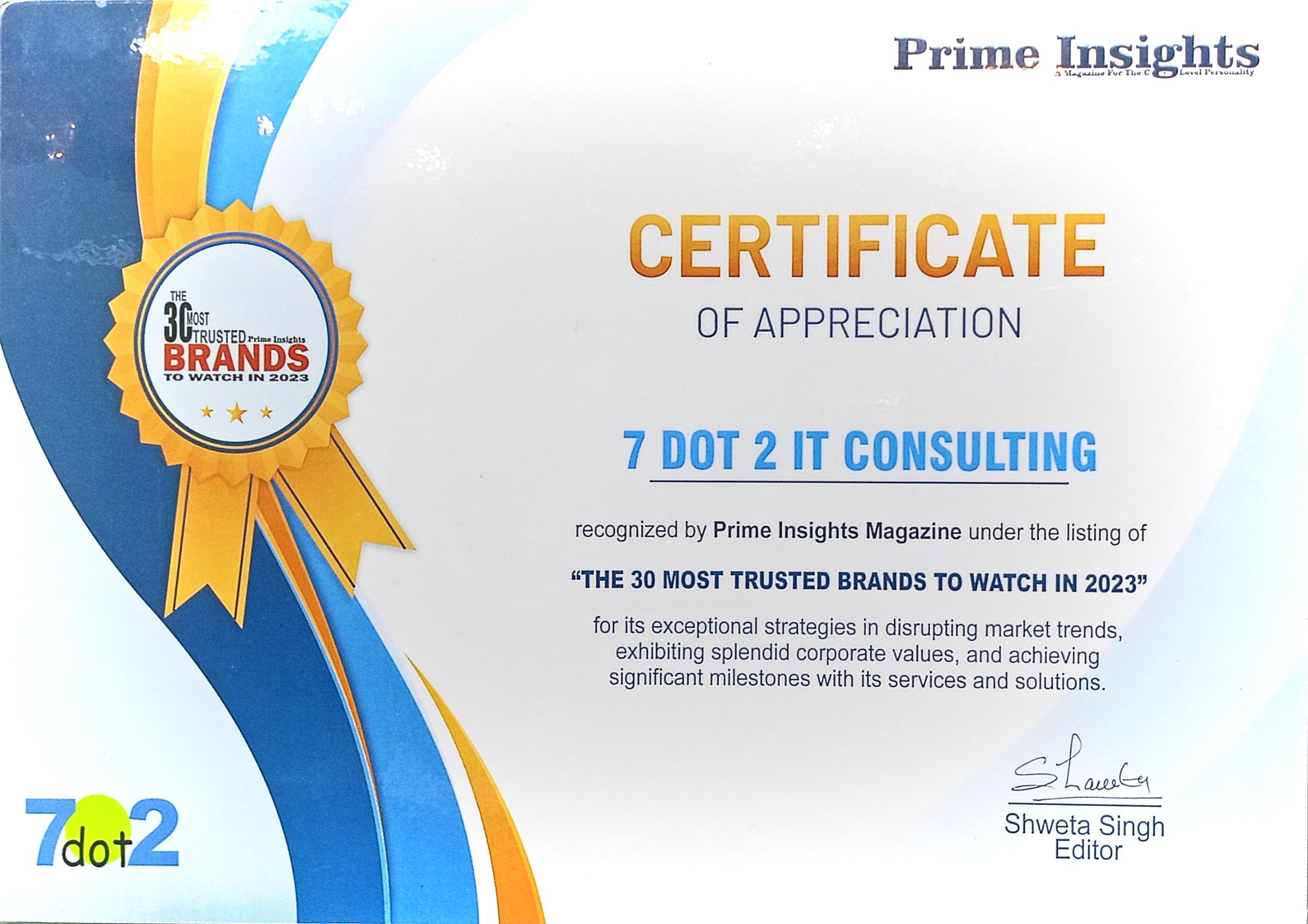 CERTIFICATE OF APPReCIATION FROM PRIME INSIGHTS, 2023