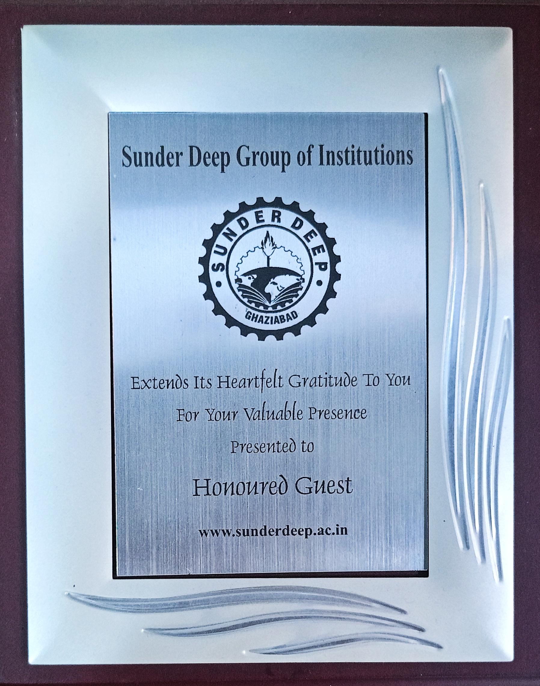 APPReCIATION FROM SUNDER DEEP GROUP oF INSTITUTIONS, 2019